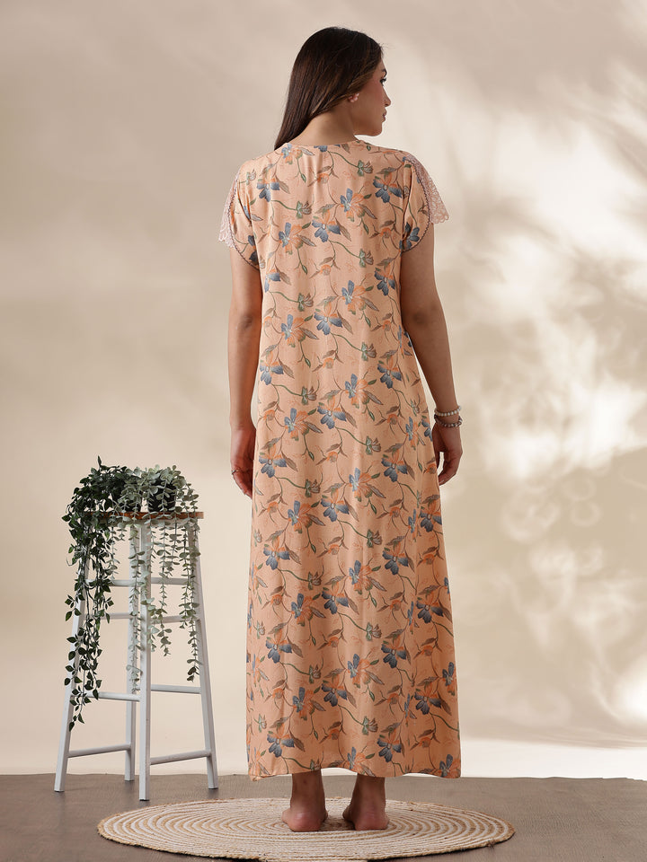 Peach Alpine Nighty for Women with Lace Detailing