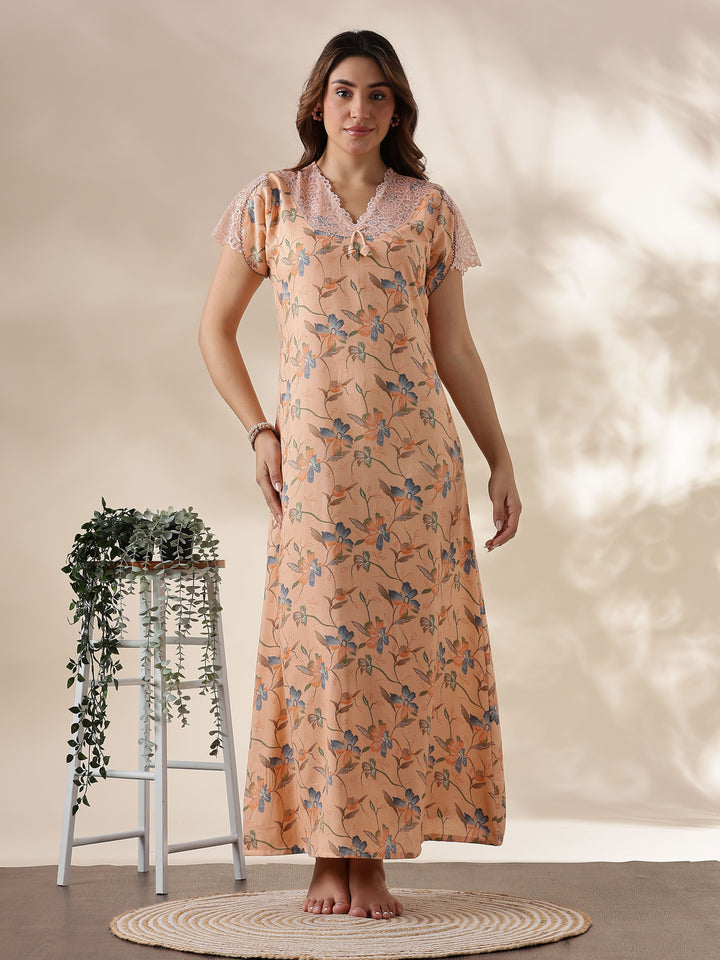 Peach Alpine Nighty for Women with Lace Detailing