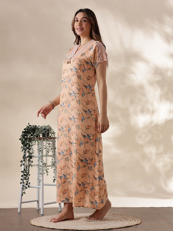 Peach Alpine Nighty for Women with Lace Detailing