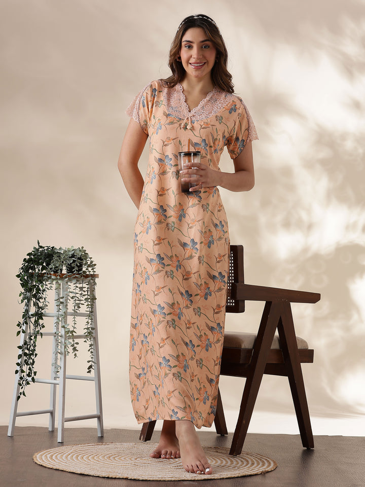 Peach Alpine Nighty for Women with Lace Detailing