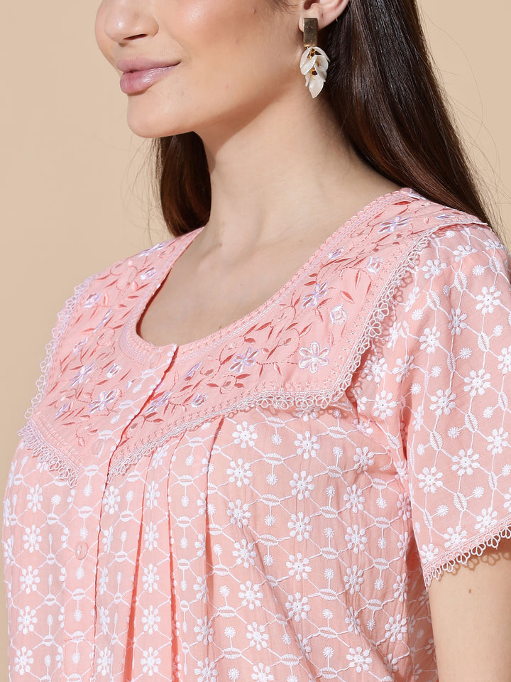 Peach Chikankari Pure Cotton Nighty for Women