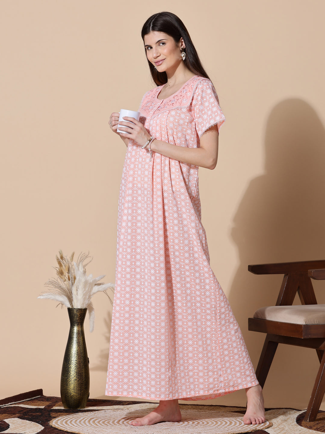 Peach Chikankari Pure Cotton Nighty for Women