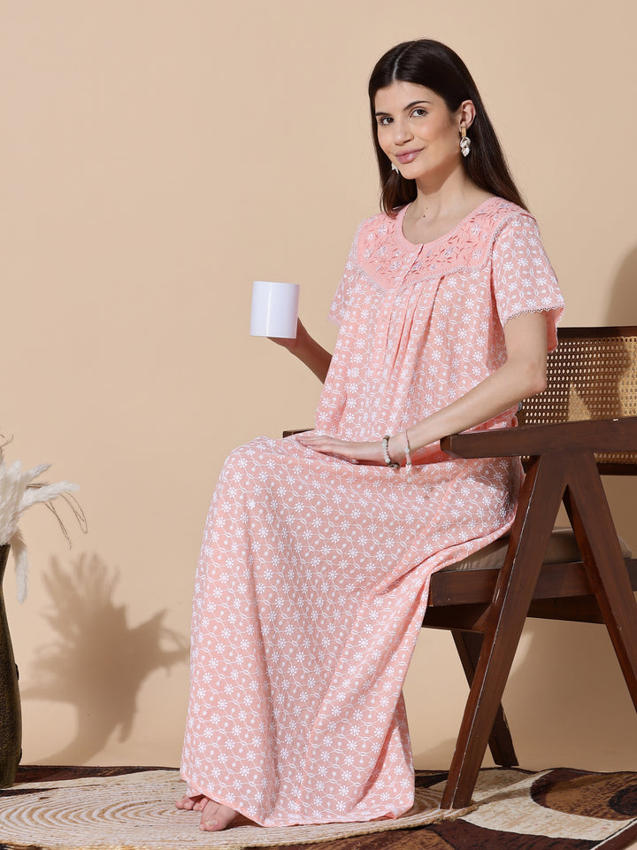 Peach Chikankari Pure Cotton Nighty for Women