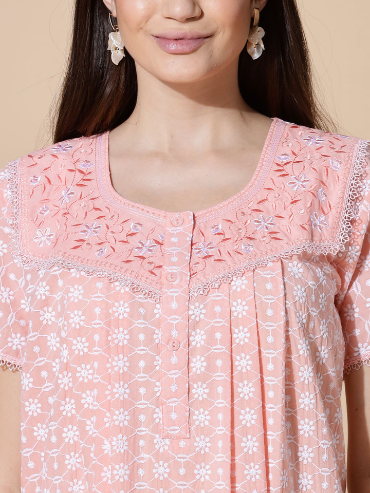 Peach Chikankari Pure Cotton Nighty for Women