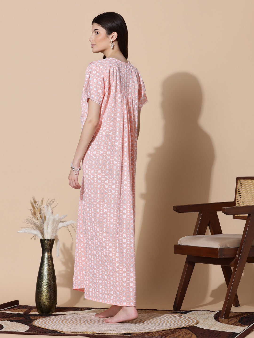 Peach Chikankari Pure Cotton Nighty for Women