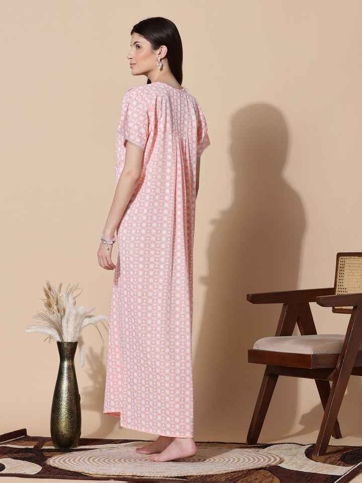 Peach Chikankari Pure Cotton Nighty for Women