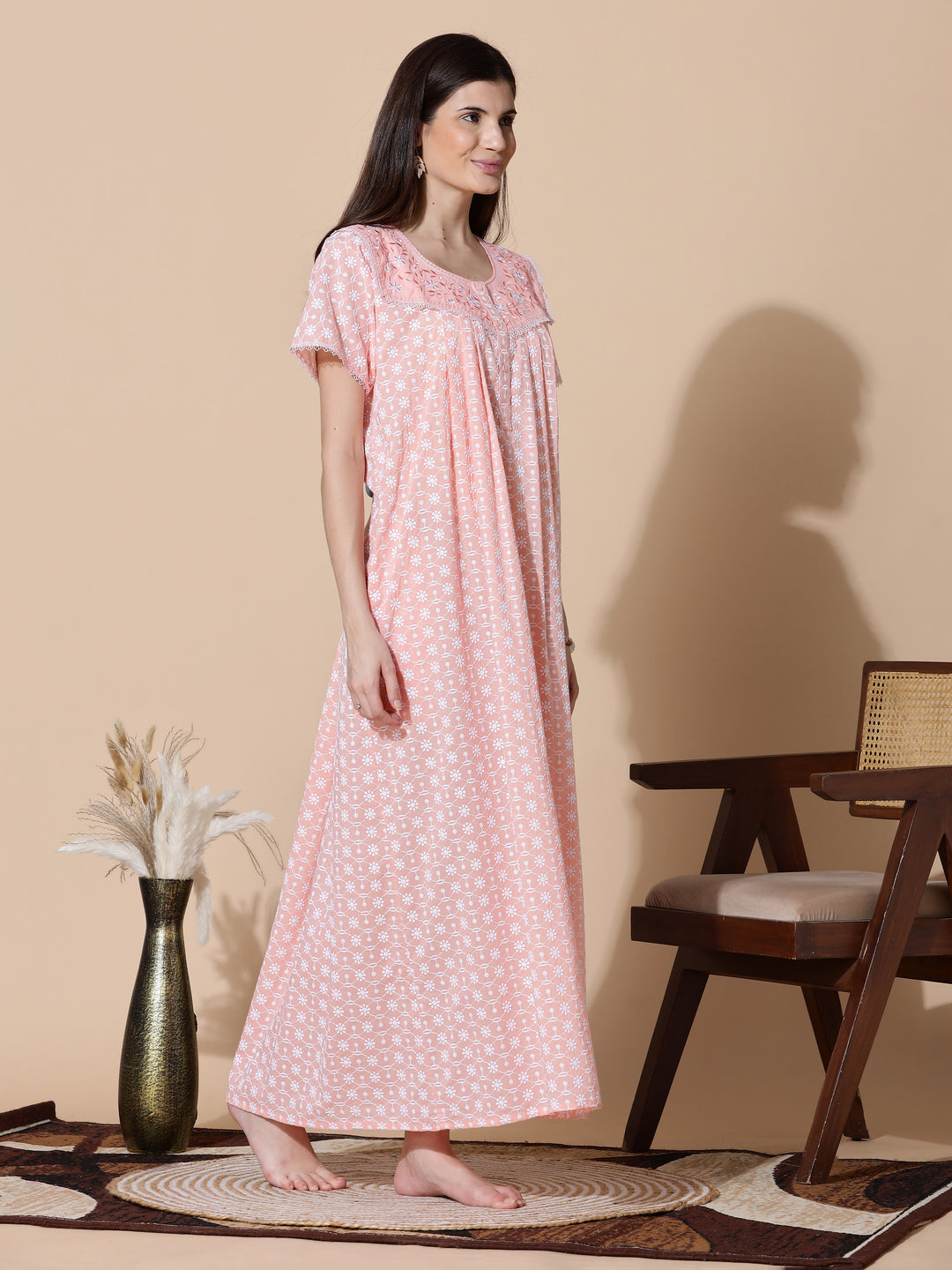 Peach Chikankari Pure Cotton Nighty for Women