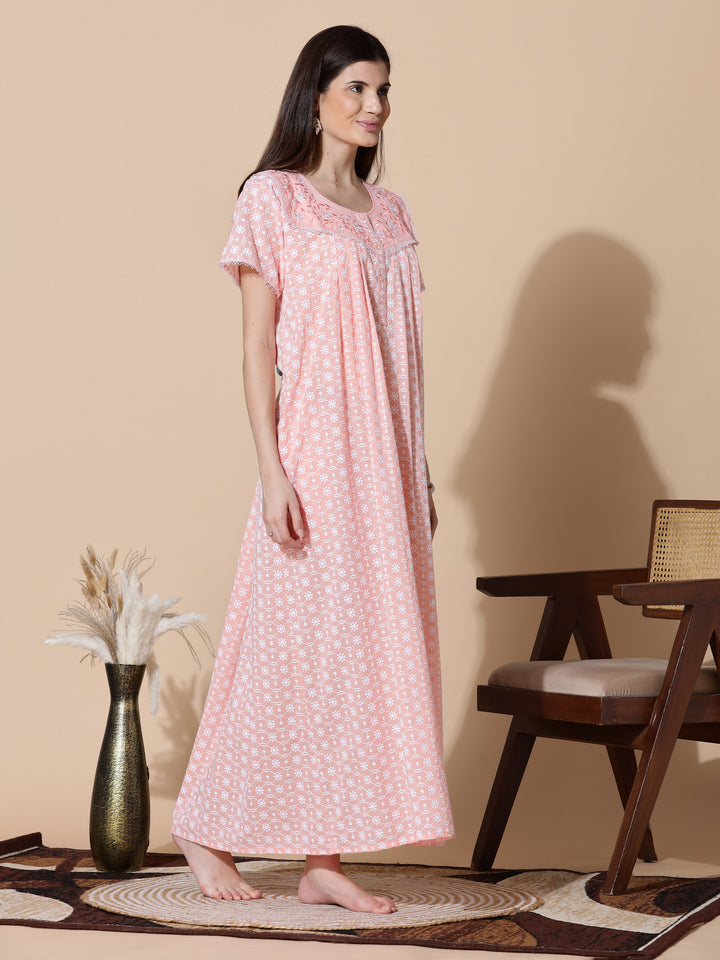 Peach Chikankari Pure Cotton Nighty for Women
