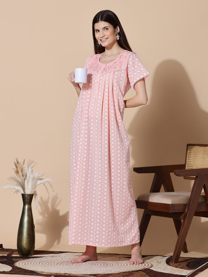 Peach Chikankari Pure Cotton Nighty for Women