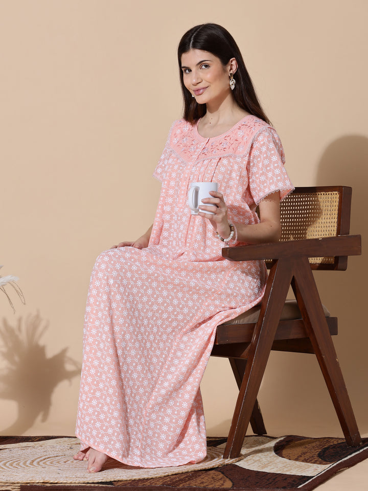 Peach Chikankari Pure Cotton Nighty for Women
