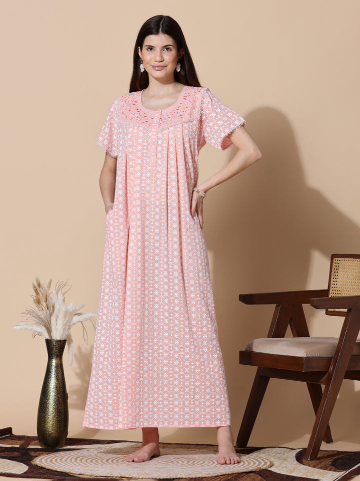 Peach Chikankari Pure Cotton Nighty for Women