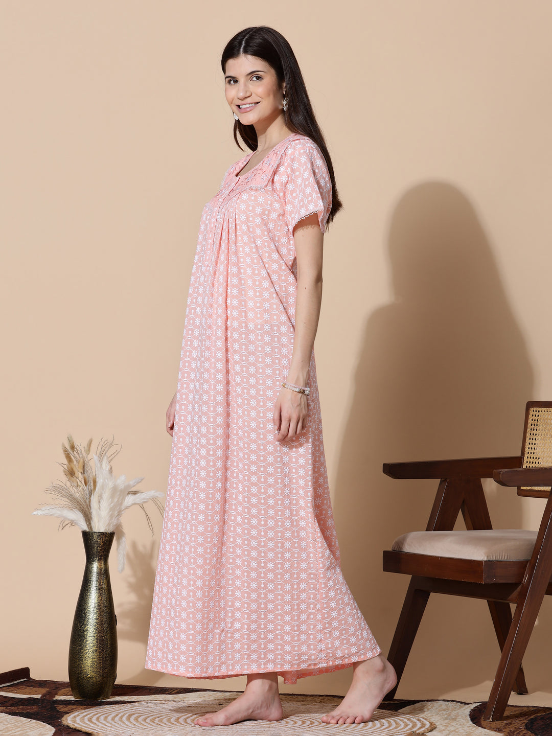 Peach Chikankari Pure Cotton Nighty for Women
