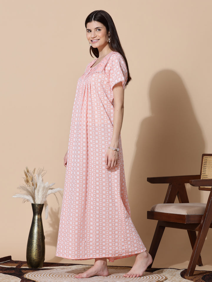 Peach Chikankari Pure Cotton Nighty for Women