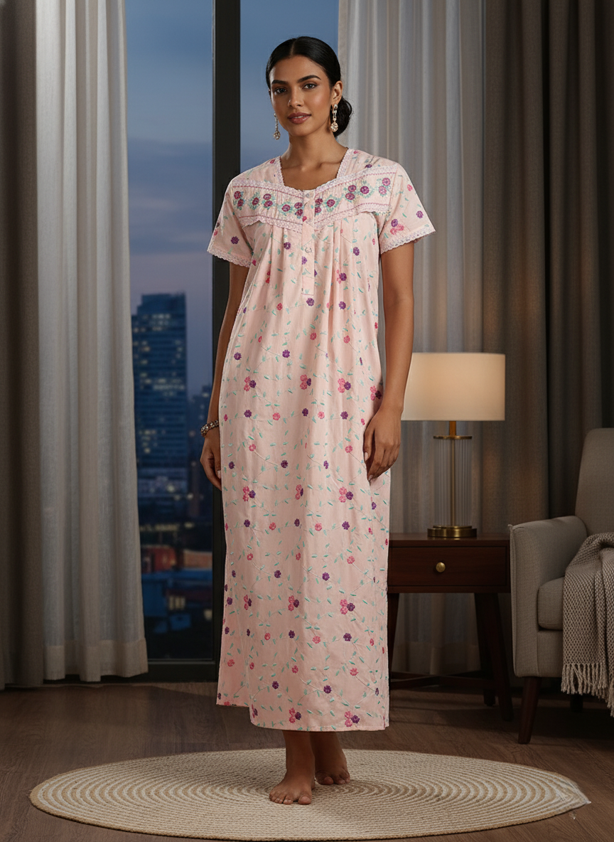 Peach pure cotton nighty with floral embroidery