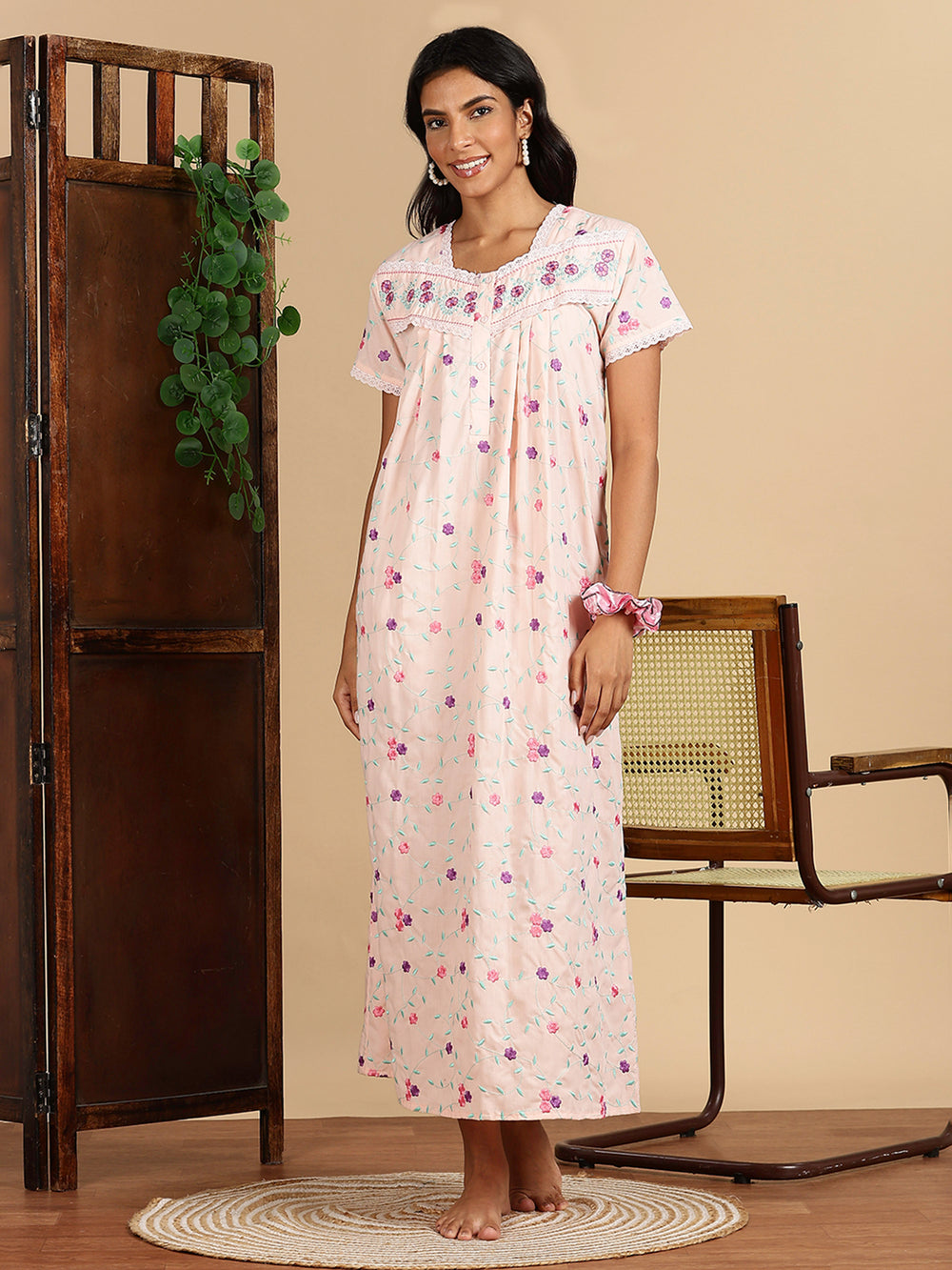 Peach pure cotton nighty with floral embroidery