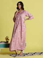 Candy Pink Alpine Embroidered Floral Nighty for Women