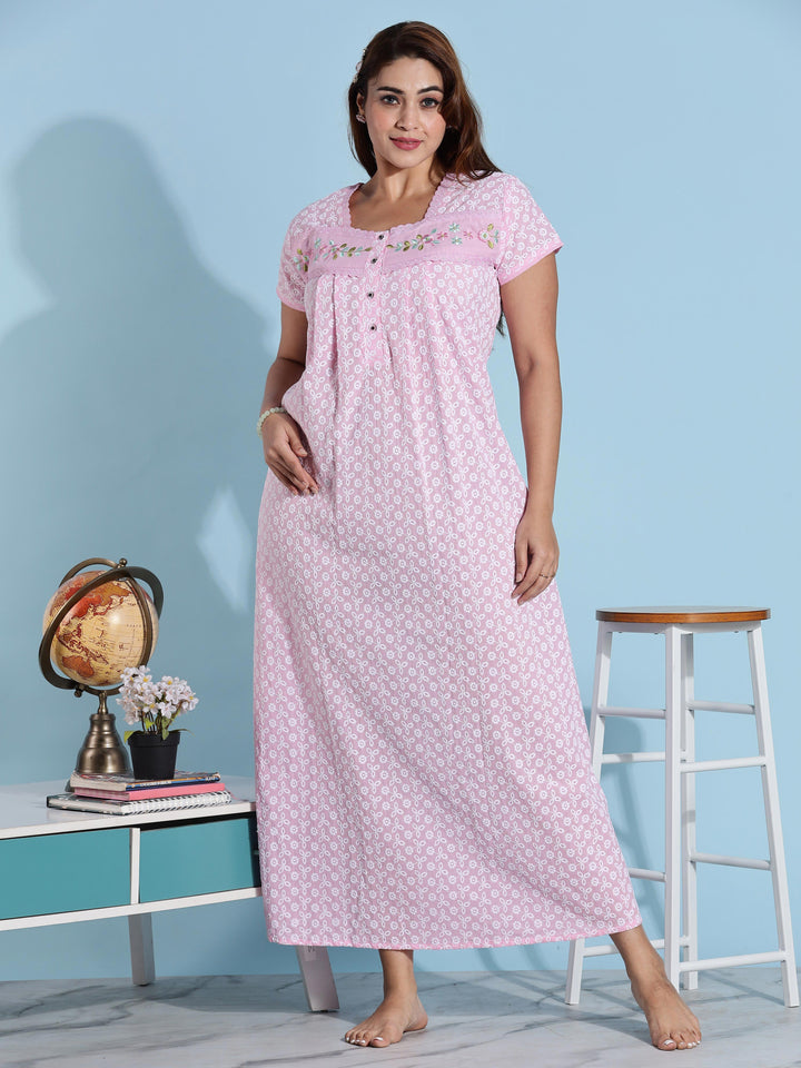 Pink Chikankari Pure Cotton Nighty for Women