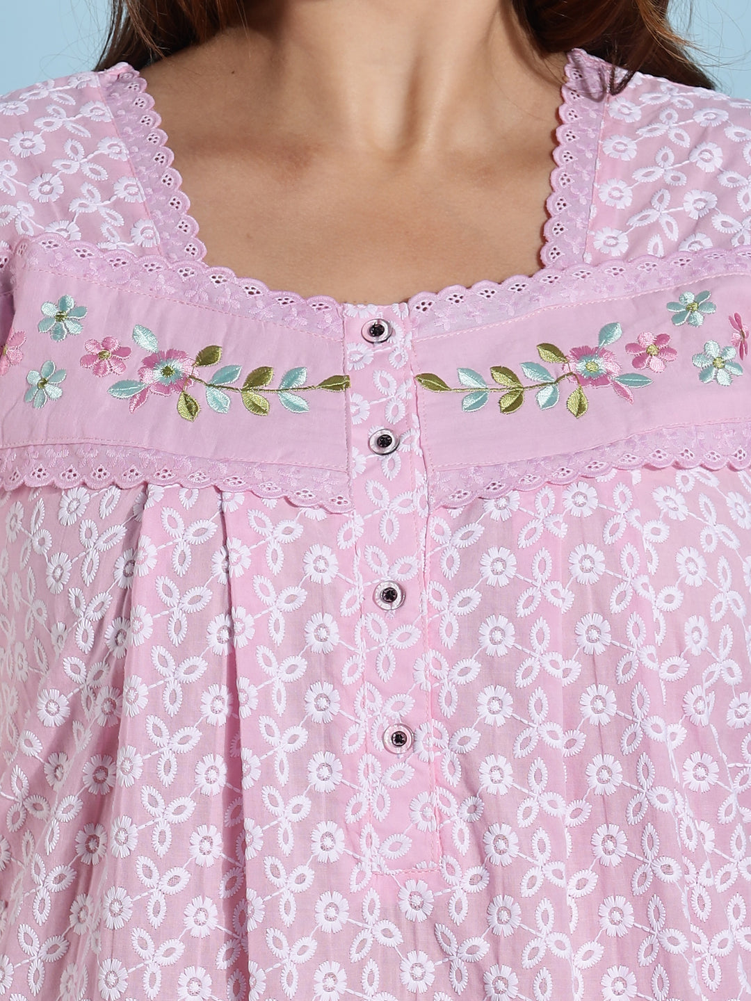 Pink Chikankari Pure Cotton Nighty for Women