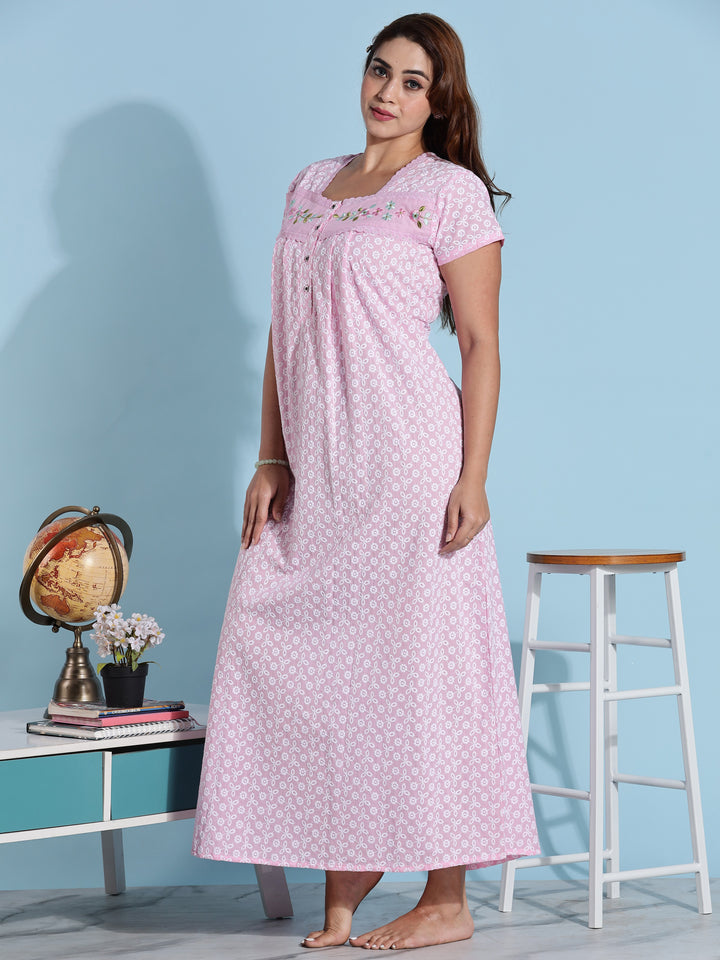 Pink Chikankari Pure Cotton Nighty for Women