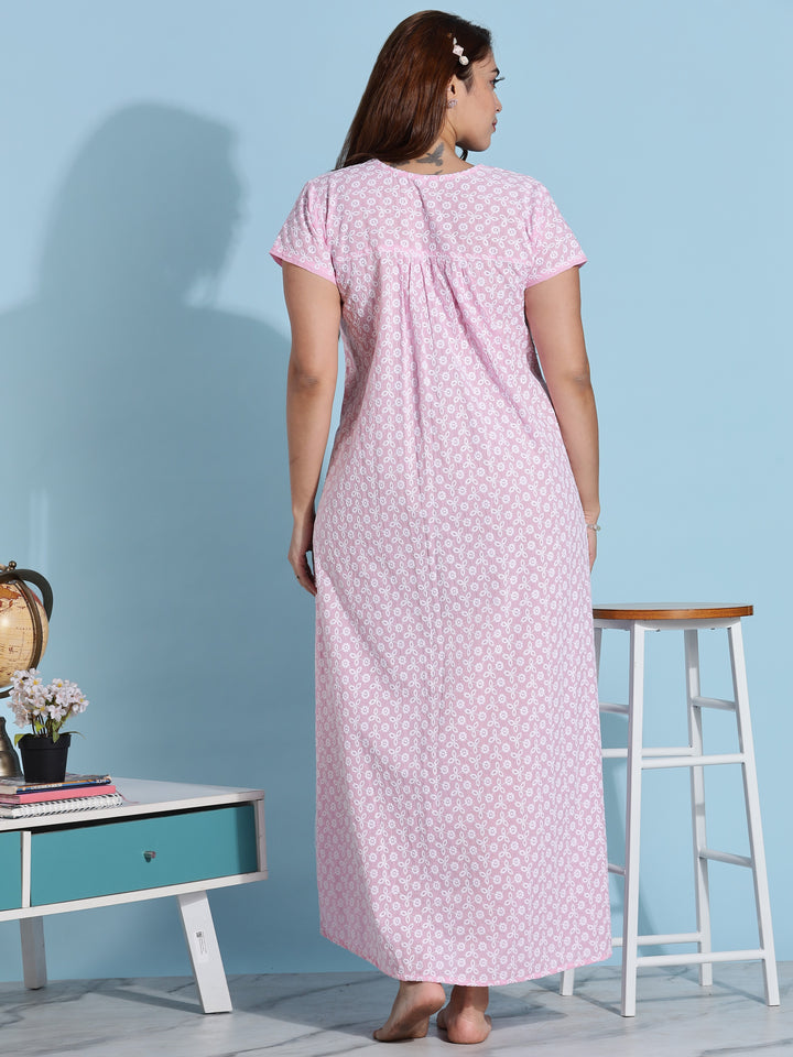 Pink Chikankari Pure Cotton Nighty for Women