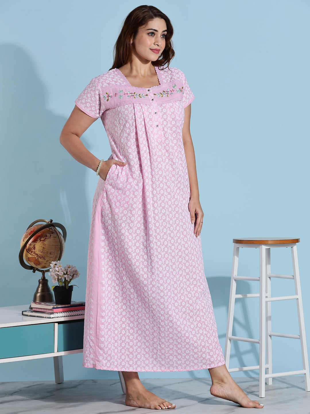 Pink Chikankari Pure Cotton Nighty for Women