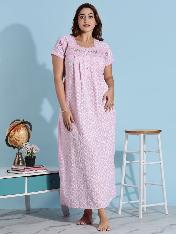 Pink Chikankari Pure Cotton Nighty for Women
