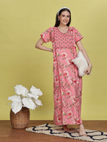 Salmon Pink Floral Print Jaipuri Cotton Nighty with V Neck and Pocket