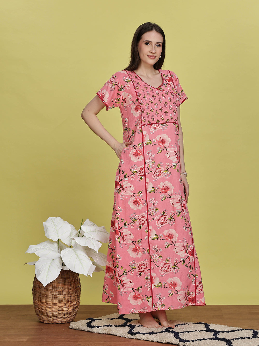 Salmon Pink Jaipuri Cotton Night dress For Women