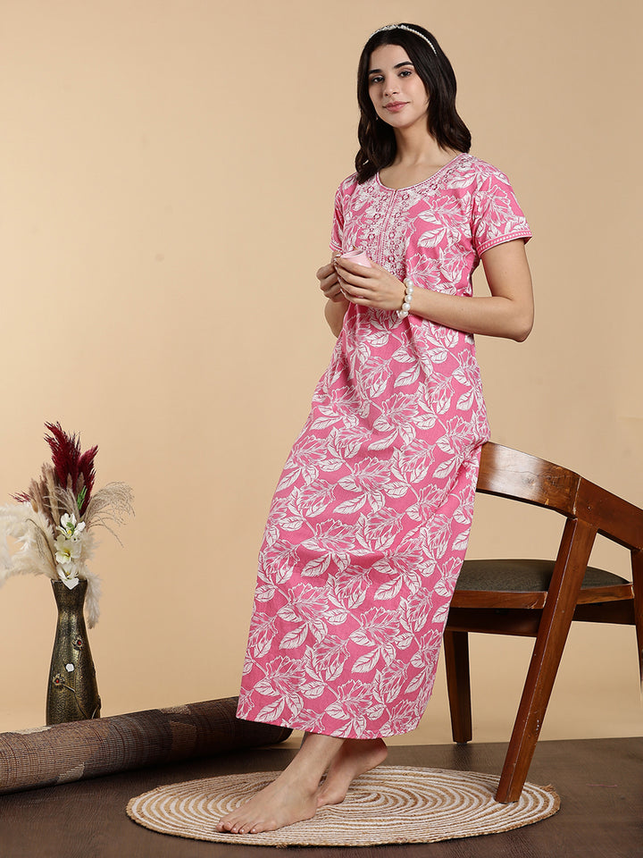 Blush Pink Embroidered Pure Cotton Nighty for Women