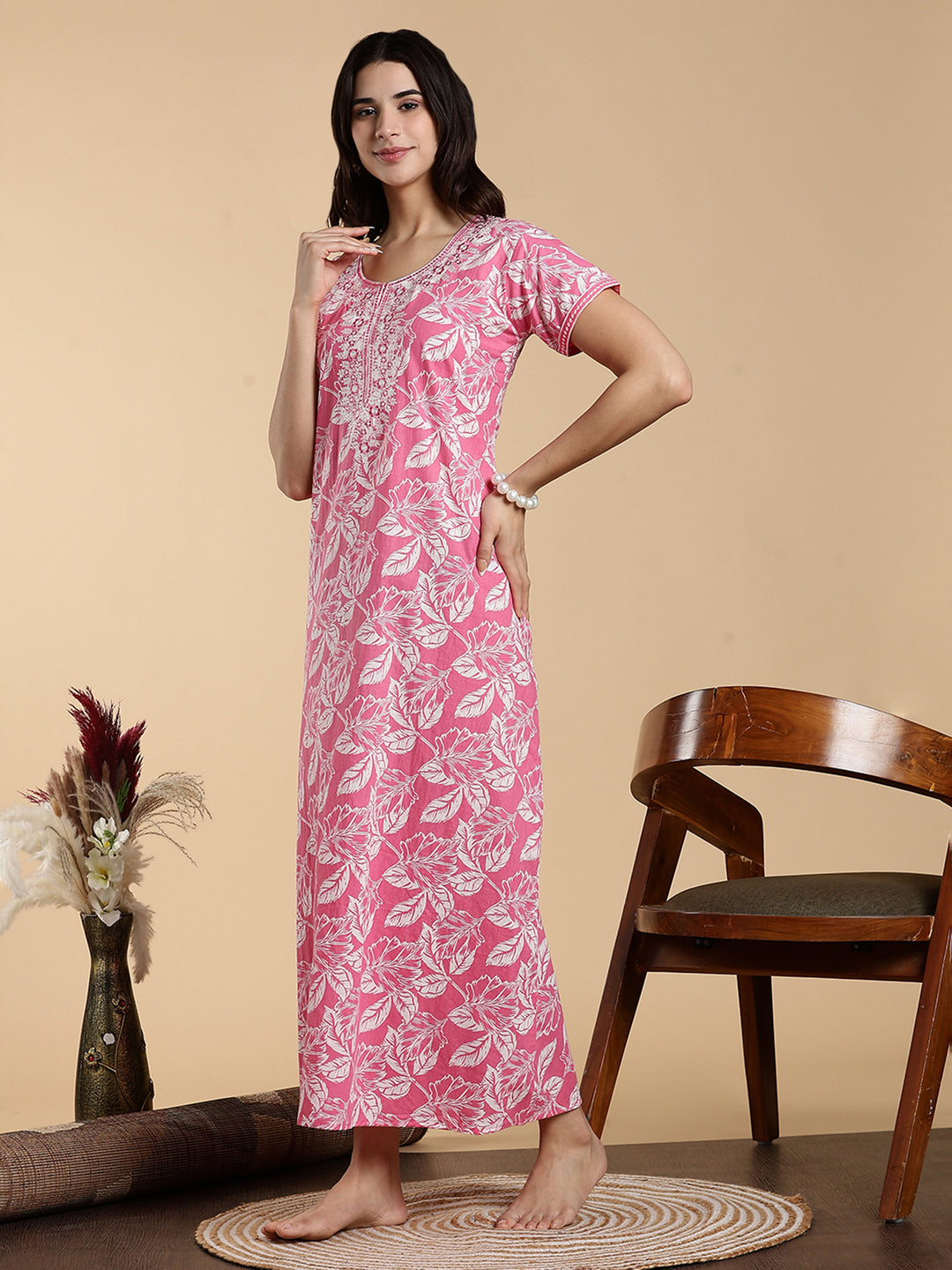 Blush Pink Embroidered Pure Cotton Nighty for Women