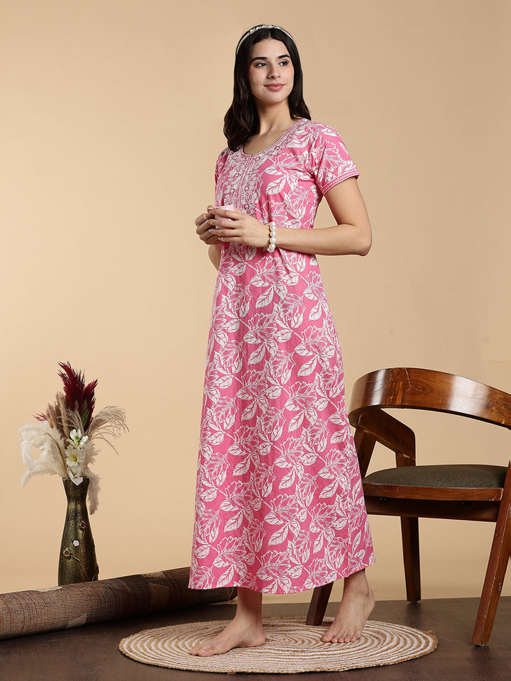 Blush Pink Embroidered Pure Cotton Nighty for Women