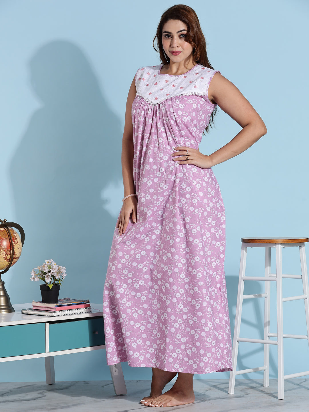 Pink Embroidered Cotton Sleeveless Nighty for Women