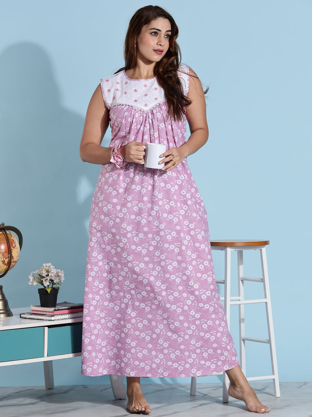 Pink Embroidered Cotton Sleeveless Nighty for Women