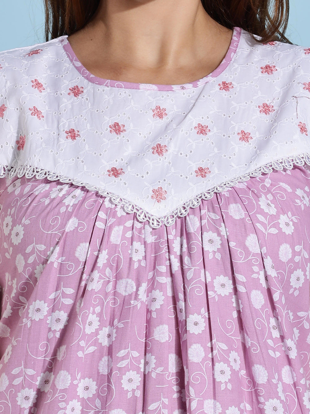 Pink Embroidered Cotton Sleeveless Nighty for Women