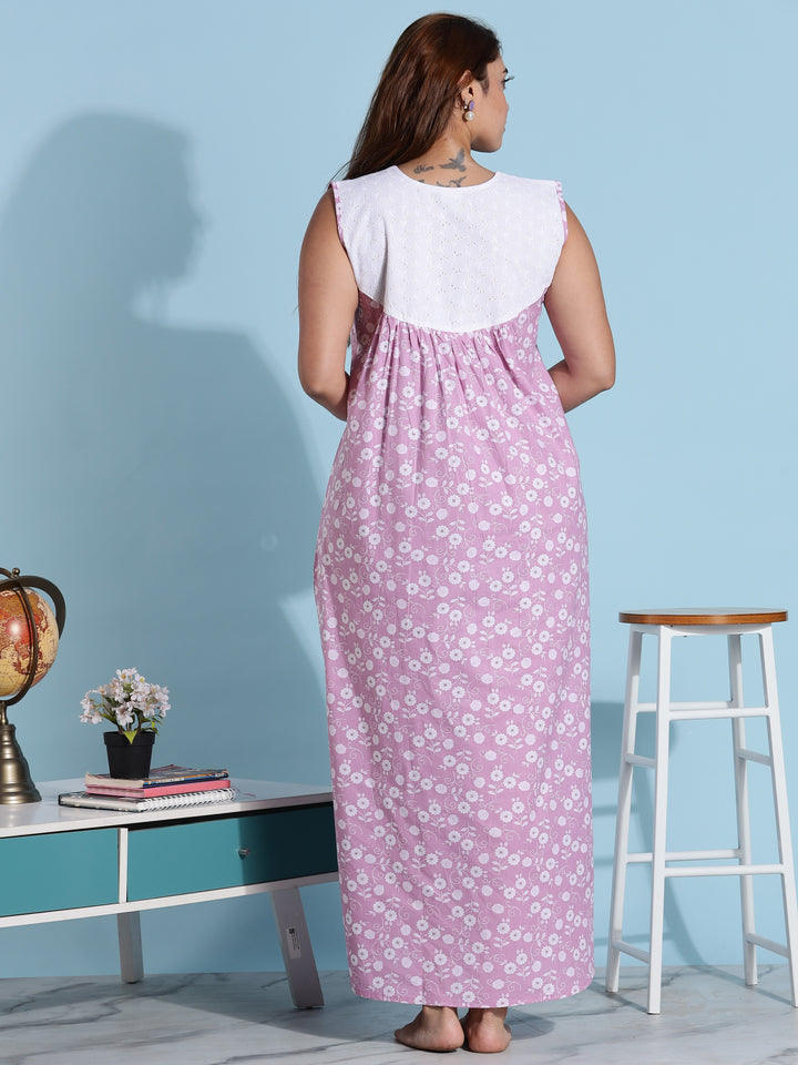 Pink Embroidered Cotton Sleeveless Nighty for Women