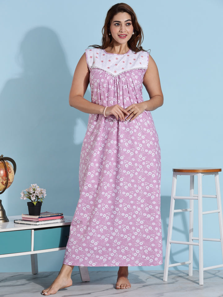 Pink Embroidered Cotton Sleeveless Nighty for Women