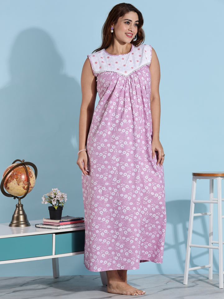 Pink Embroidered Cotton Sleeveless Nighty for Women