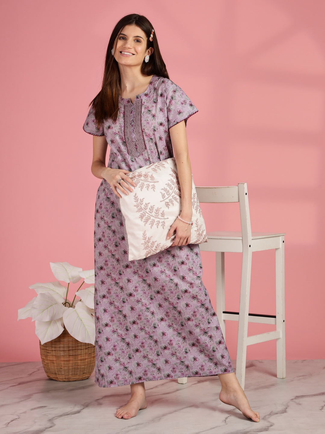 Pink Floral A-line Pure Cotton Nighty for Women