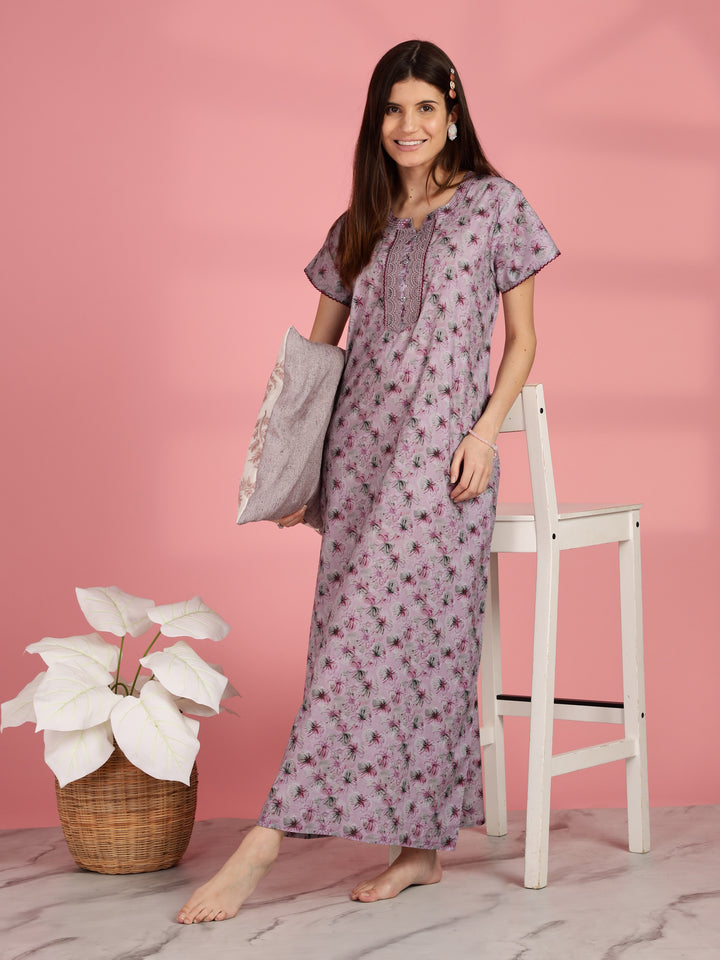 Pink Floral A-line Pure Cotton Nighty for Women