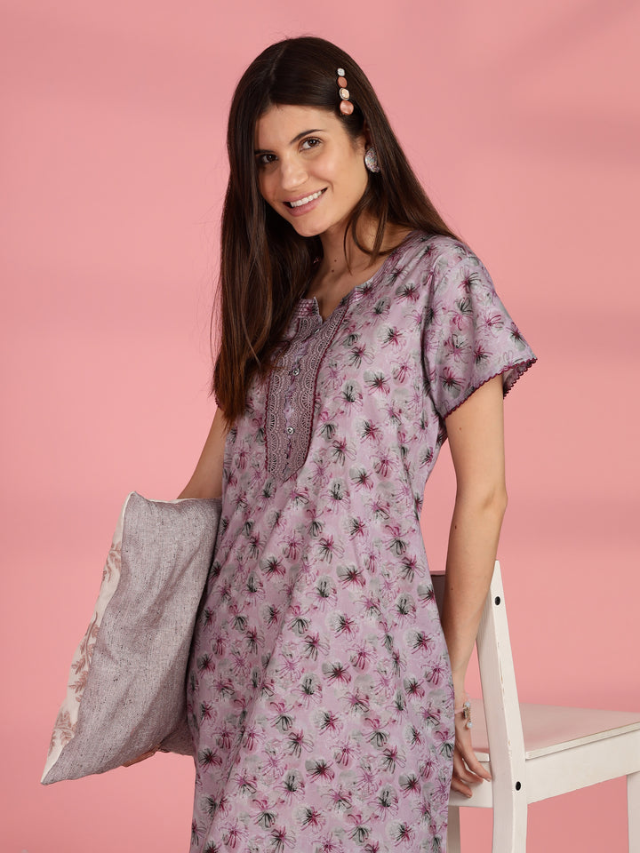 Pink Floral A-line Pure Cotton Nighty for Women