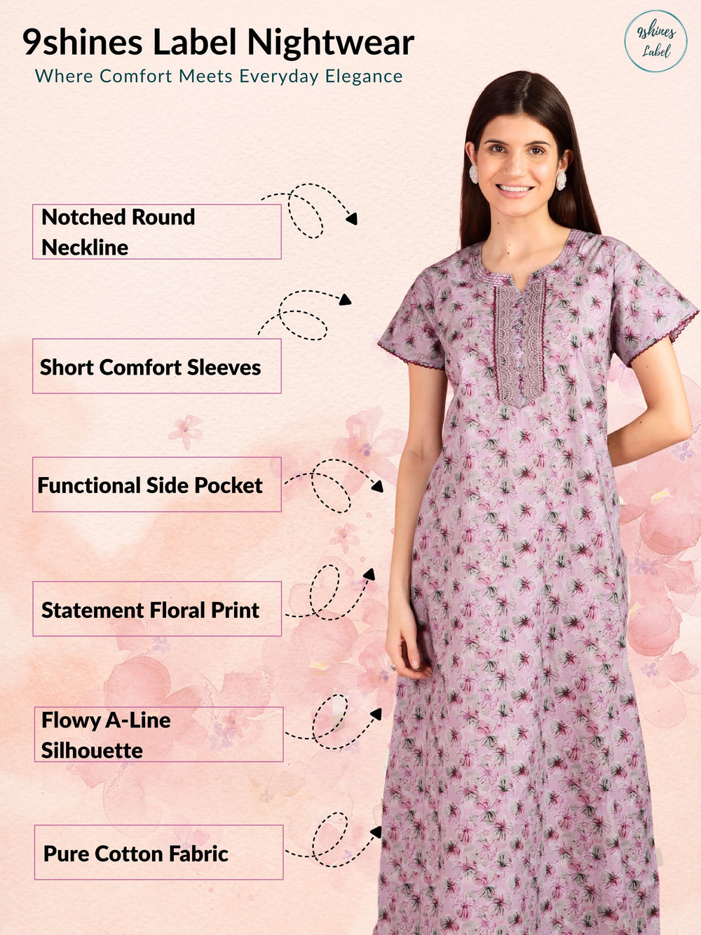 Pink Floral A-line Pure Cotton Nighty for Women