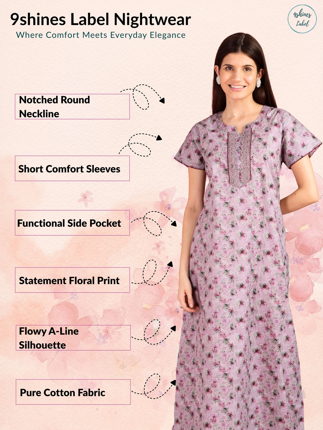 Pink Floral A-line Pure Cotton Nighty for Women