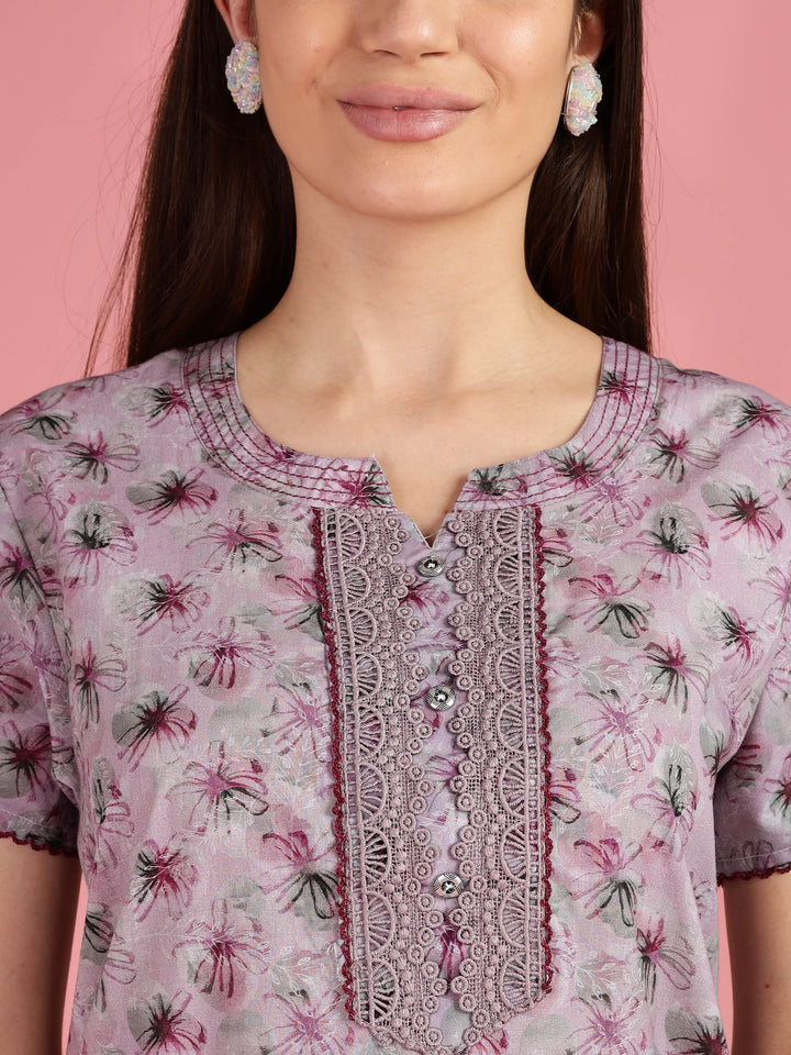 Pink Floral A-line Pure Cotton Nighty for Women
