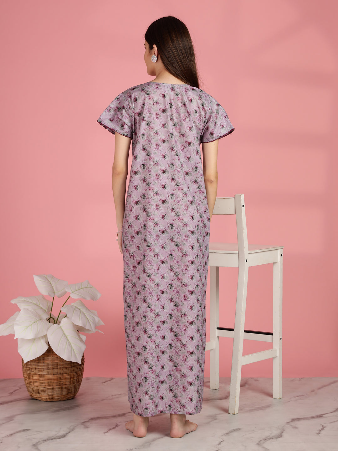 Pink Floral A-line Pure Cotton Nighty for Women