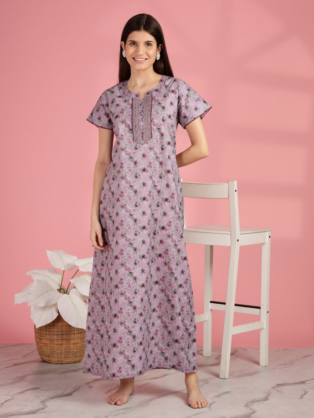 Pink Floral A-line Pure Cotton Nighty for Women