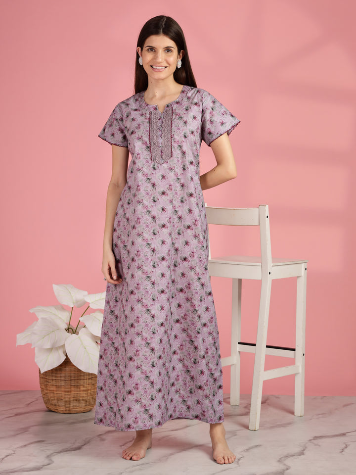Pink Floral A-line Pure Cotton Nighty for Women