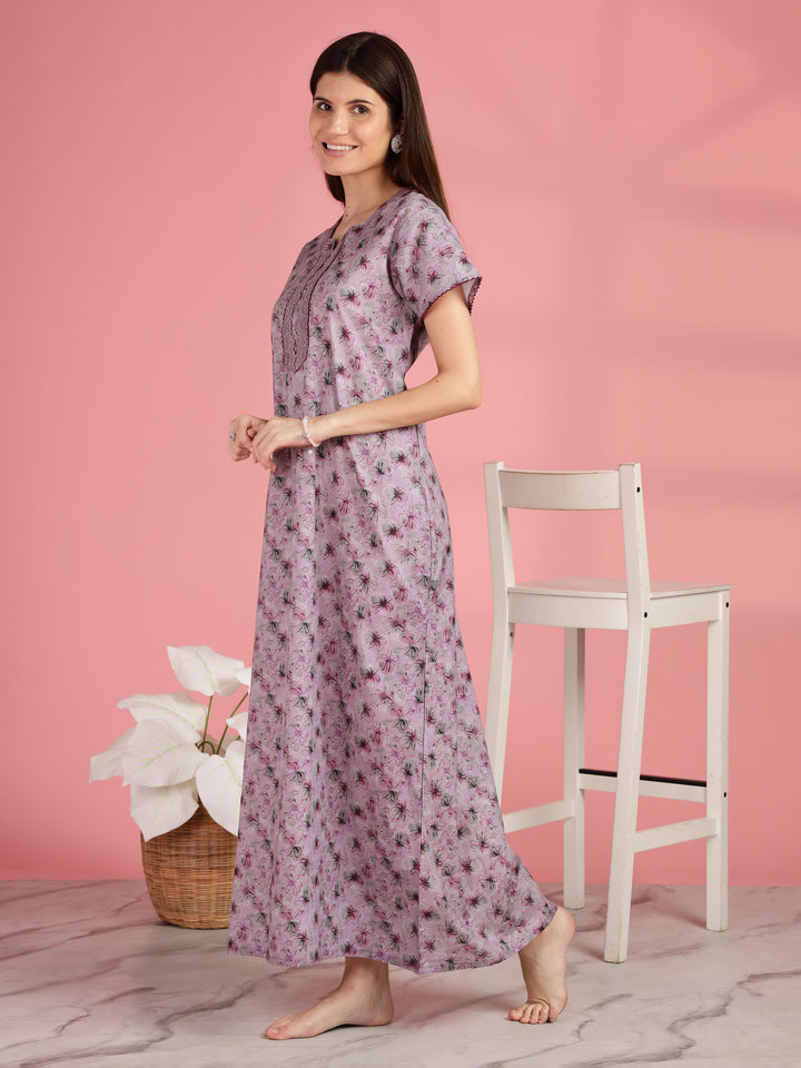 Pink Floral A-line Pure Cotton Nighty for Women