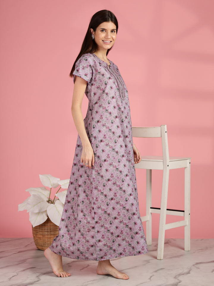 Pink Floral A-line Pure Cotton Nighty for Women