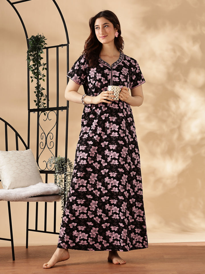 Pink Floral Front Open Nighty for Women with Zip and Pocket