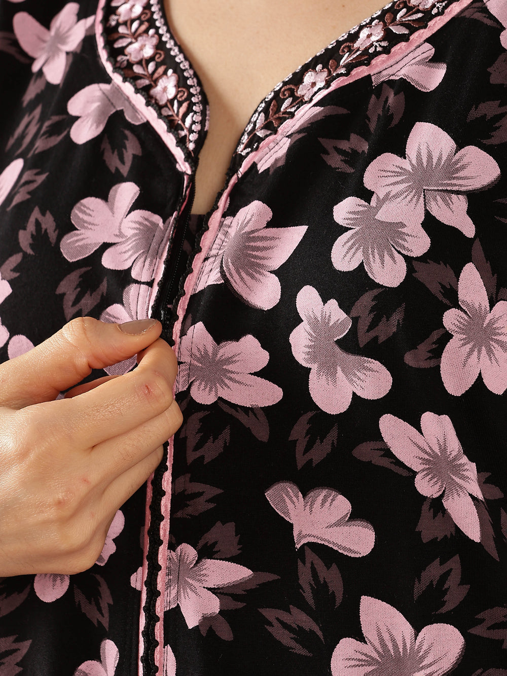 Pink Floral Front Open Nighty for Women with Zip and Pocket